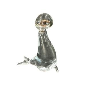 Hand Signed Blown Clear Glass Chubby Seal With Balanced Ball On Nose Paperweight